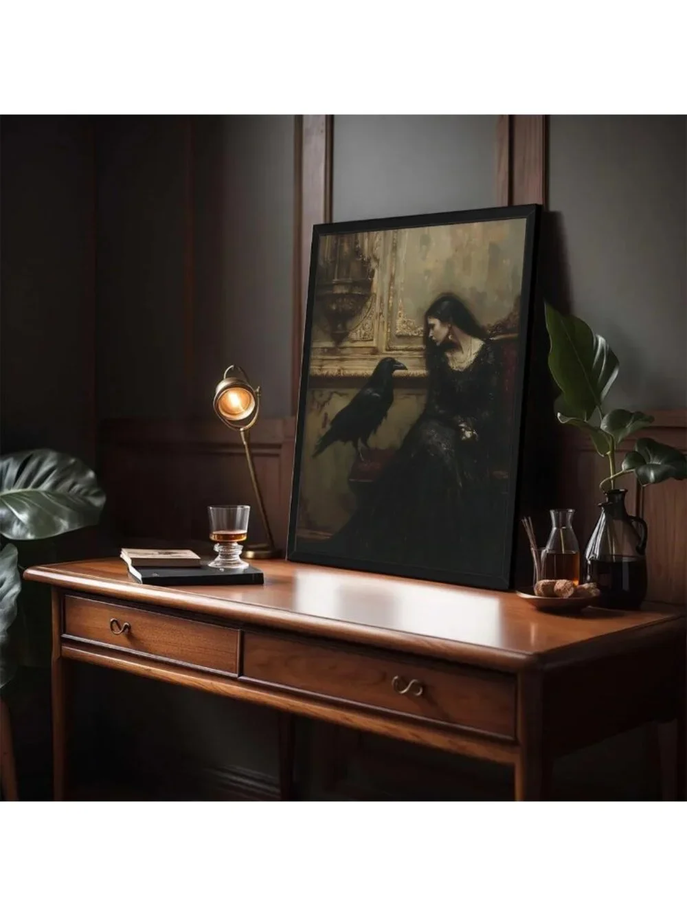Gothic Dark Academia Wall Art Set of 3 - Vintage Witch Raven Canvas Prints